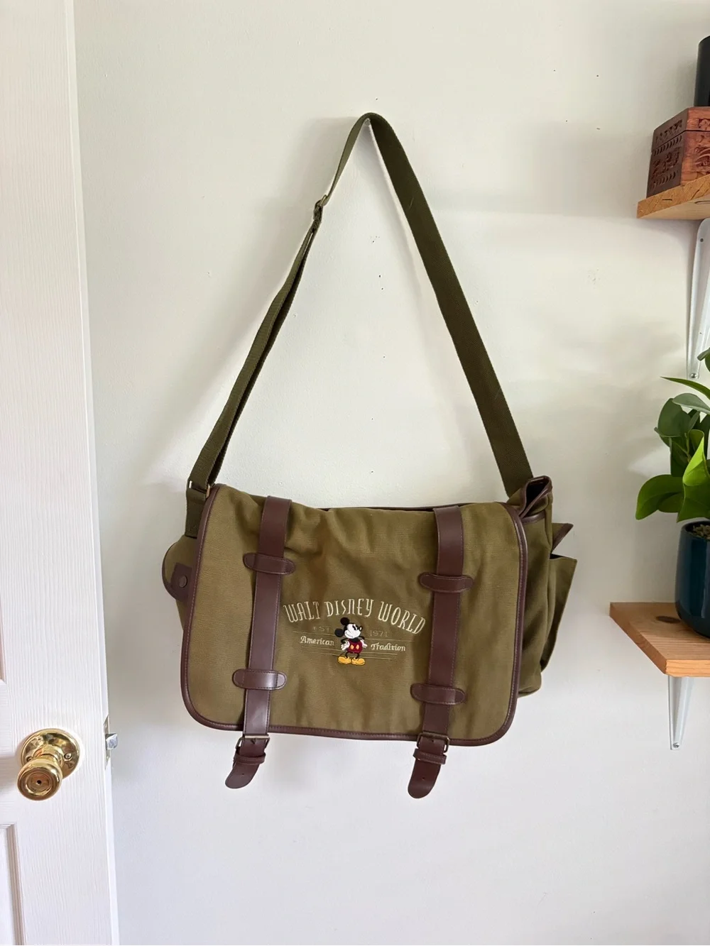 Disney Olive Green Canvas Messenger Bag with Brown Trim and Mickey